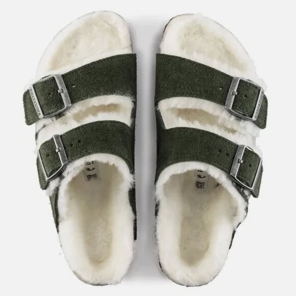 NEW  Birkenstock Arizona Shearling Sandal Suede Lambswool Mountain View Green - Picture 4 of 16